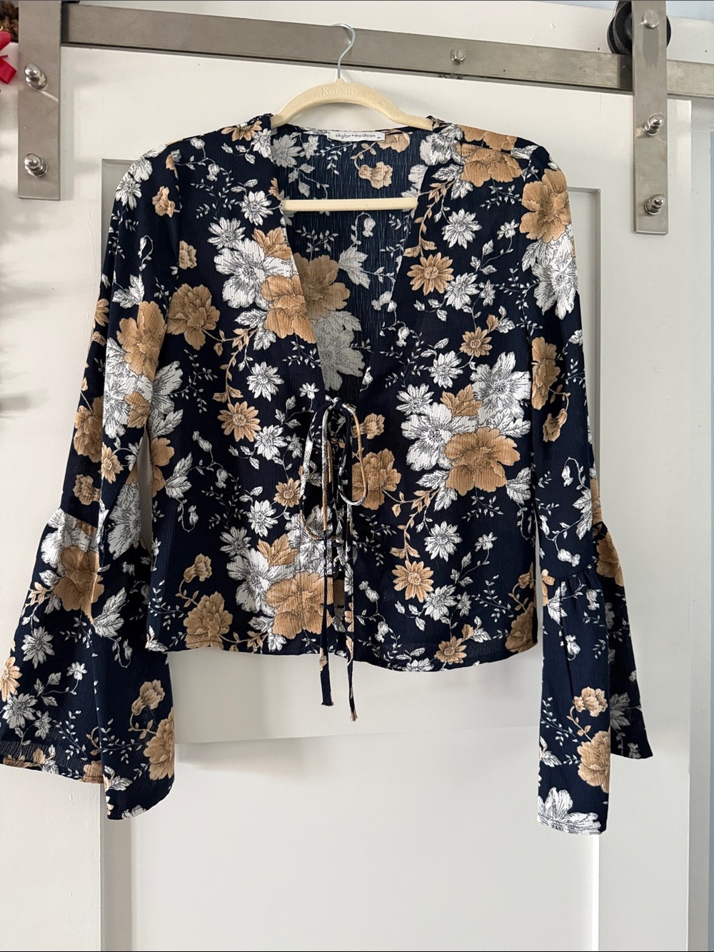 Skylar + Madison Navy Floral Tie-Front Blouse with Tan and White Accents